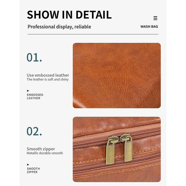 Elosung Brown Premium Pu Leather Travel Toiletry Bag With Zipper Compartments Makeup Bags & Cases