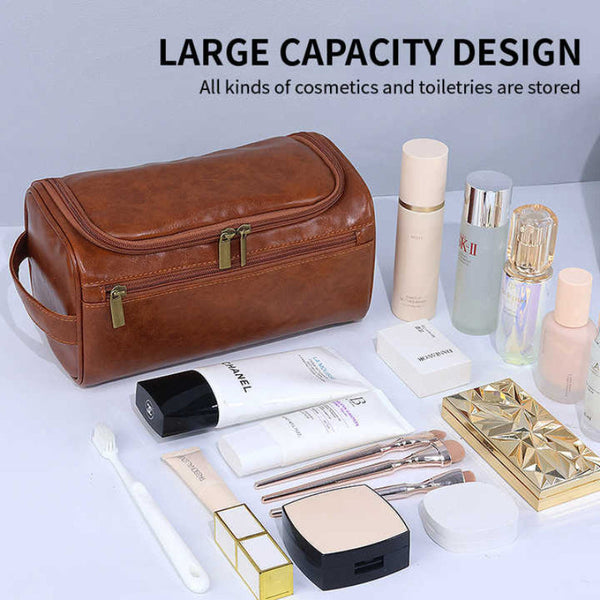Elosung Black Premium Pu Leather Travel Toiletry Bag With Zipper Compartments Makeup Bags & Cases