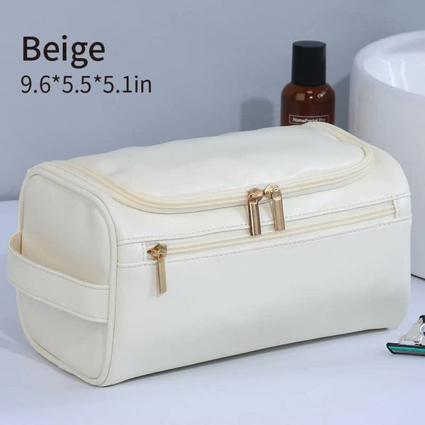 Elosung Beige Premium Pu Leather Travel Toiletry Bag With Zipper Compartments Women's Bags & Handbags