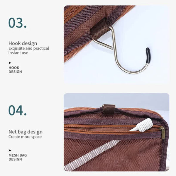 Elosung Beige Premium Pu Leather Travel Toiletry Bag With Zipper Compartments Women's Bags & Handbags