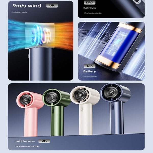 Blue High Power Handheld Fan With Digital Display Portable Fans