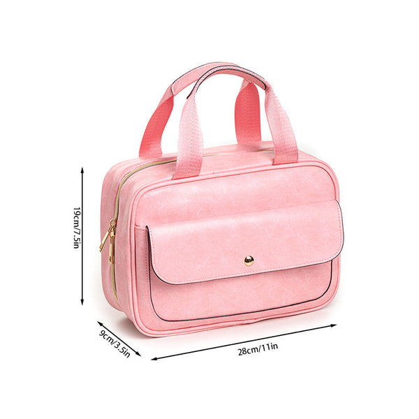 Pink Compact Pu Leather Travel Toiletry Bag With Zipper Compartments Packing Organisers