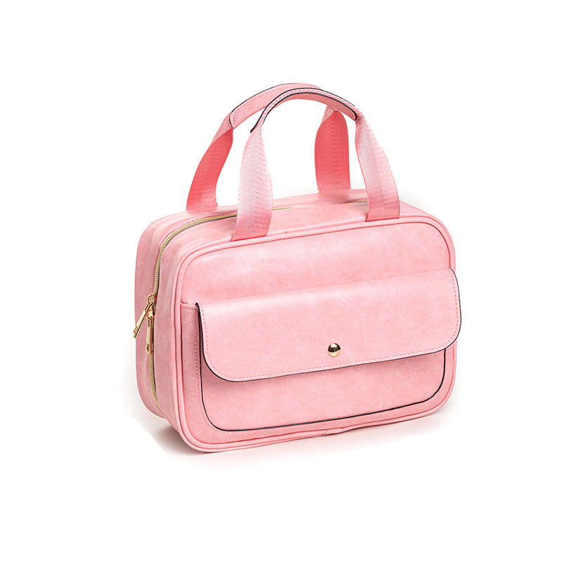 Pink Compact Pu Leather Travel Toiletry Bag With Zipper Compartments Packing Organisers