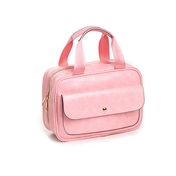 Pink Compact Pu Leather Travel Toiletry Bag With Zipper Compartments Packing Organisers