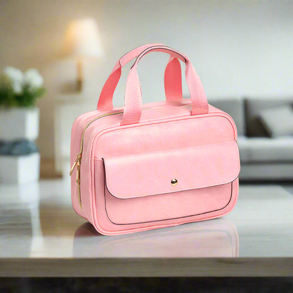 Pink Compact Pu Leather Travel Toiletry Bag With Zipper Compartments Packing Organisers