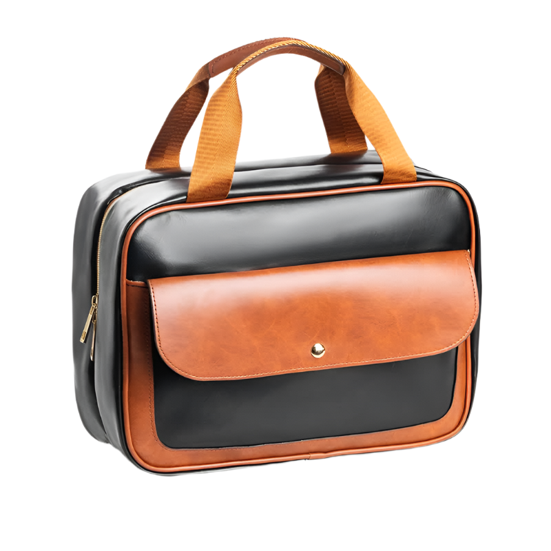 Elosung Black Brown Compact Pu Leather Travel Toiletry Bag With Zipper Compartments Makeup Bags & Cases