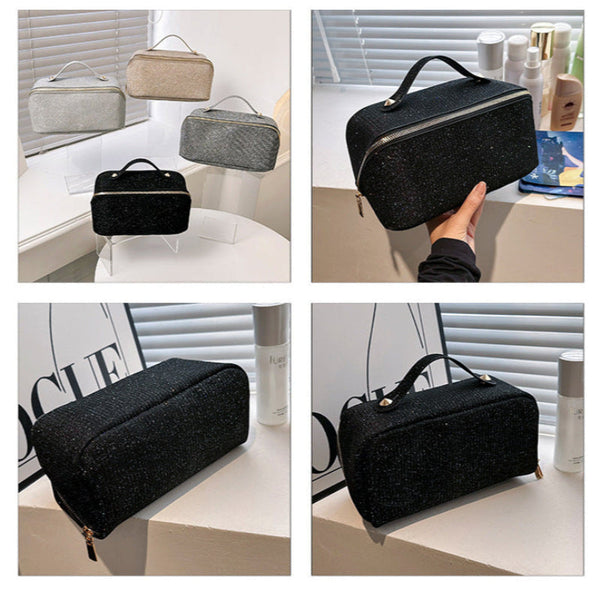 Elosung Black Elegant Glitter Cosmetic Bag With Zipper And Handle Makeup Bags & Cases