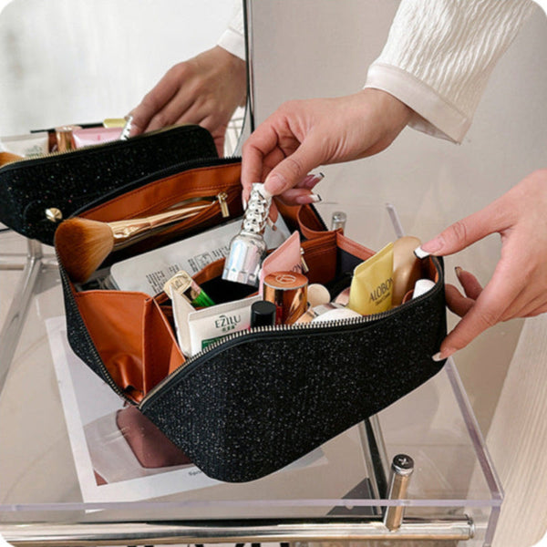 Gold Elegant Glitter Cosmetic Bag With Zipper And Handle Makeup Bags & Cases