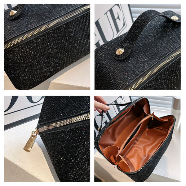 Silver Elegant Glitter Cosmetic Bag With Zipper And Handle Makeup Bags & Cases