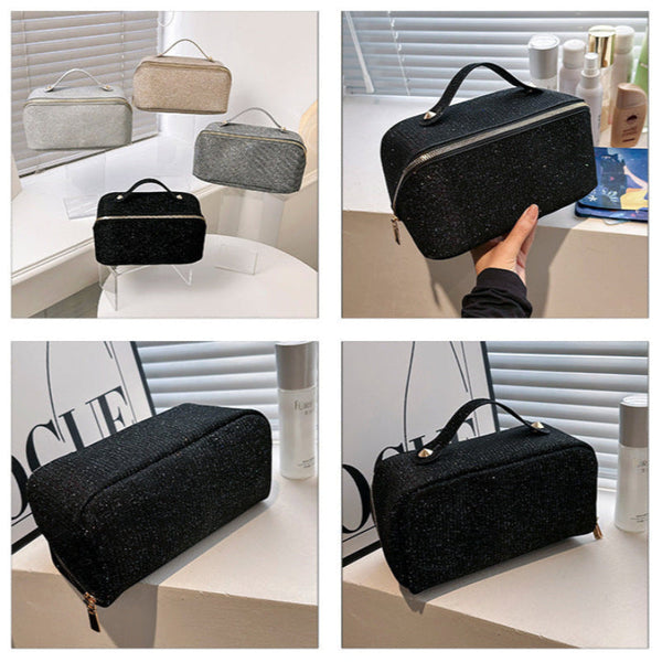 Silver Elegant Glitter Cosmetic Bag With Zipper And Handle Makeup Bags & Cases