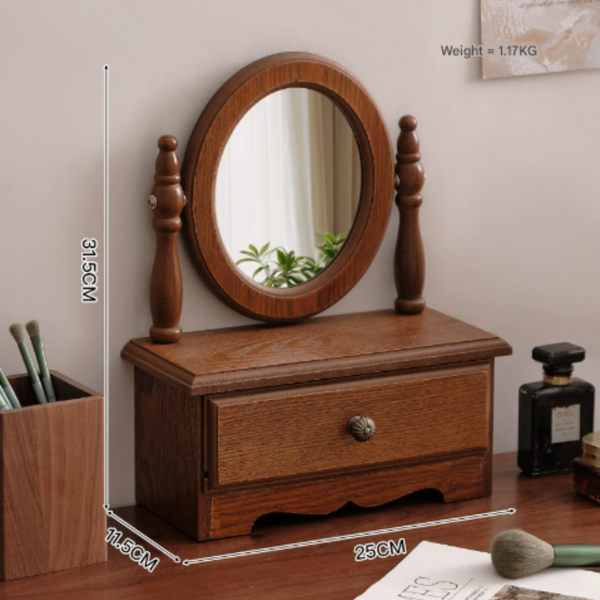 Round Mirror With Drawer Orbicular Wooden Tabletop Vanity Elegant Design Makeup Mirrors