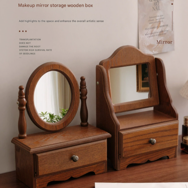 Round Mirror With Drawer Orbicular Wooden Tabletop Vanity Elegant Design Makeup Mirrors