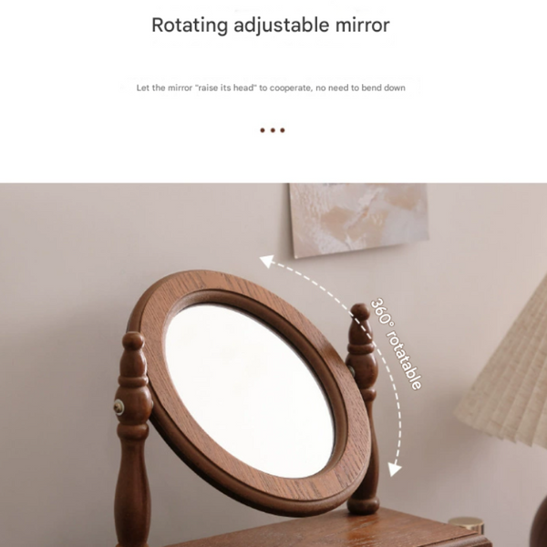 Round Mirror With Drawer Orbicular Wooden Tabletop Vanity Elegant Design Makeup Mirrors