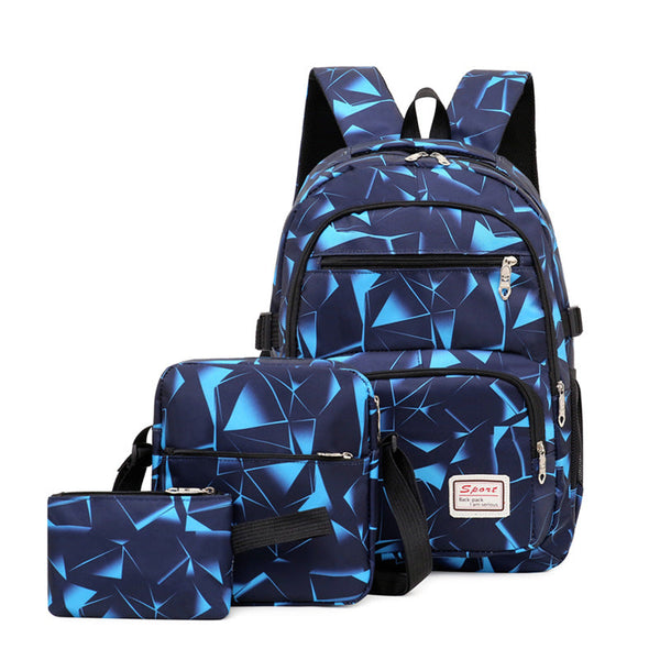 Blue Stylish 3 Piece Backpack Set With Unique Geometric Design Women Backpacks