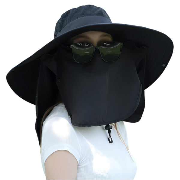 Black Wide Brim Sun Protection Hat With Face Shield Adjustable For Ultimate Uv Hats