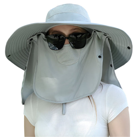 Grey Wide Brim Sun Protection Hat With Face Shield Adjustable For Ultimate Uv Hats
