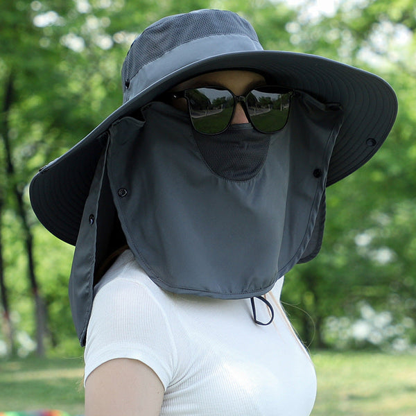 Dark Grey Wide Brim Sun Protection Hat With Face Shield Adjustable For Ultimate Uv Hats