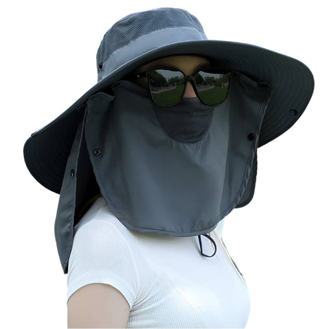 Dark Grey Wide Brim Sun Protection Hat With Face Shield Adjustable For Ultimate Uv Hats