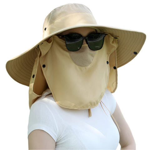 Yellow Wide Brim Sun Protection Hat With Face Shield Adjustable For Ultimate Uv Hats