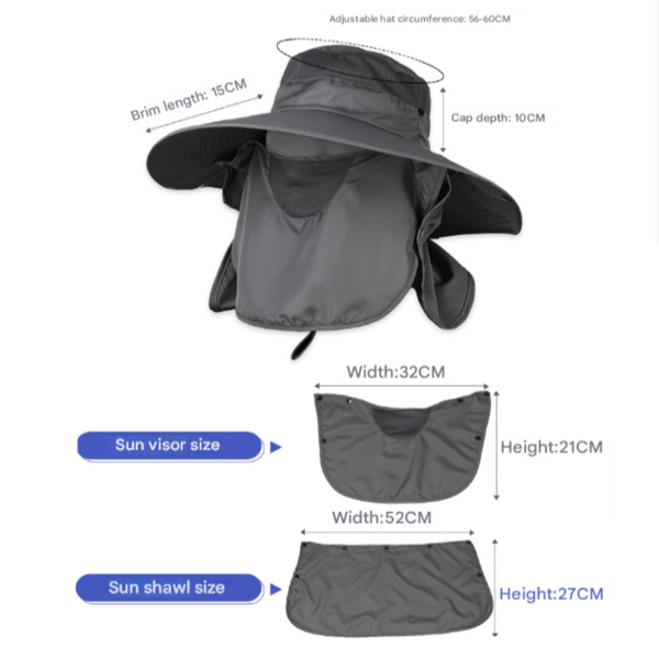 Dark Grey Wide Brim Sun Protection Hat With Face Shield Adjustable For Ultimate Uv Hats