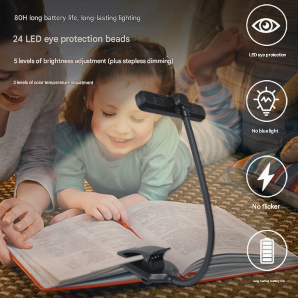 Black Rechargeable Led Book Light With Brightness And Color Temperature Reading Lights