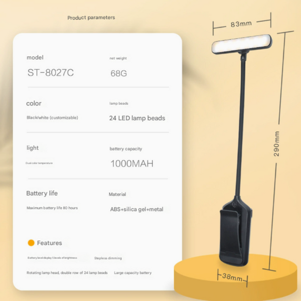 Black Rechargeable Led Book Light With Brightness And Color Temperature Reading Lights