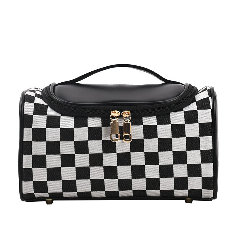 Elosung Black Checkered Cosmetic Bag With Handle Stylish Compact And Practical For Travel Makeup Bags & Cases