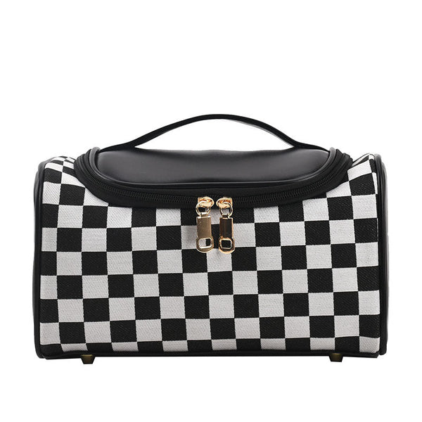Elosung Black Checkered Cosmetic Bag With Handle Stylish Compact And Practical For Travel Makeup Bags & Cases