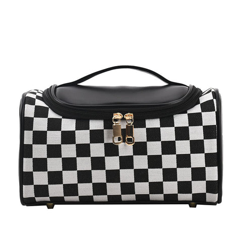 Elosung Black Checkered Cosmetic Bag With Handle Stylish Compact And Practical For Travel Makeup Bags & Cases