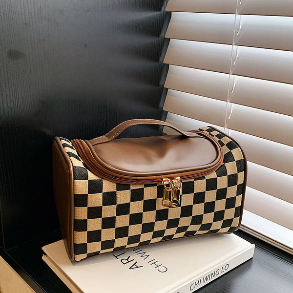 Brown Checkered Cosmetic Bag With Handle Stylish Compact And Practical For Travel Makeup Bags & Cases