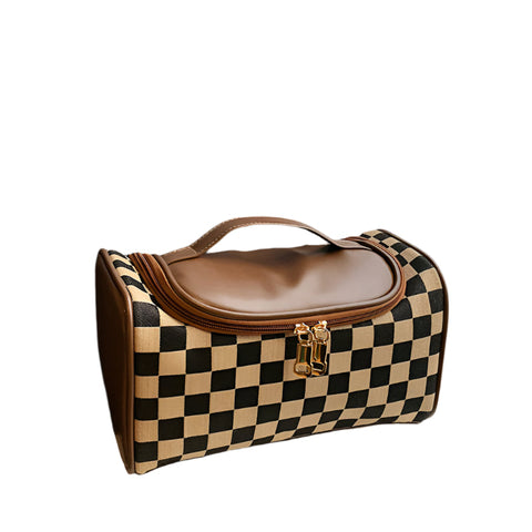 Brown Checkered Cosmetic Bag With Handle Stylish Compact And Practical For Travel Makeup Bags & Cases