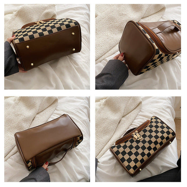 Brown Checkered Cosmetic Bag With Handle Stylish Compact And Practical For Travel Makeup Bags & Cases