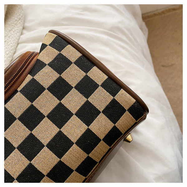 Brown Checkered Cosmetic Bag With Handle Stylish Compact And Practical For Travel Makeup Bags & Cases