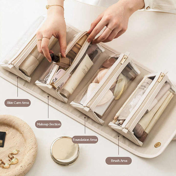 Elosung Beige Elegant Cosmetic Bag With Handle Stylish And Compact For Travel Storage Makeup Bags & Cases