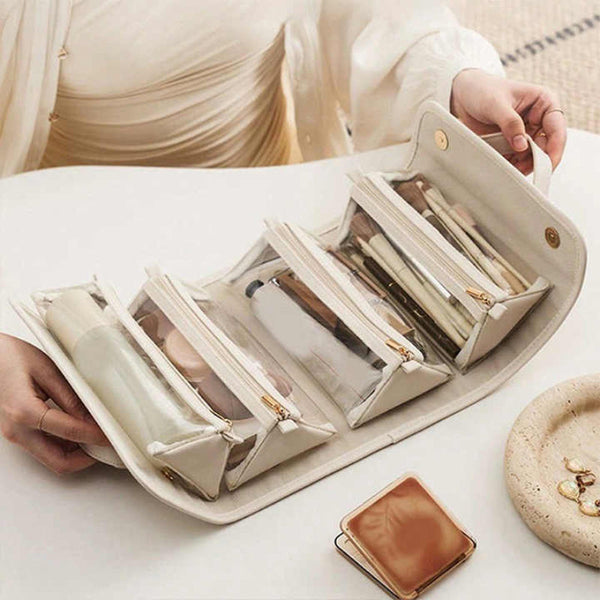 Elosung Beige Elegant Cosmetic Bag With Handle Stylish And Compact For Travel Storage Makeup Bags & Cases