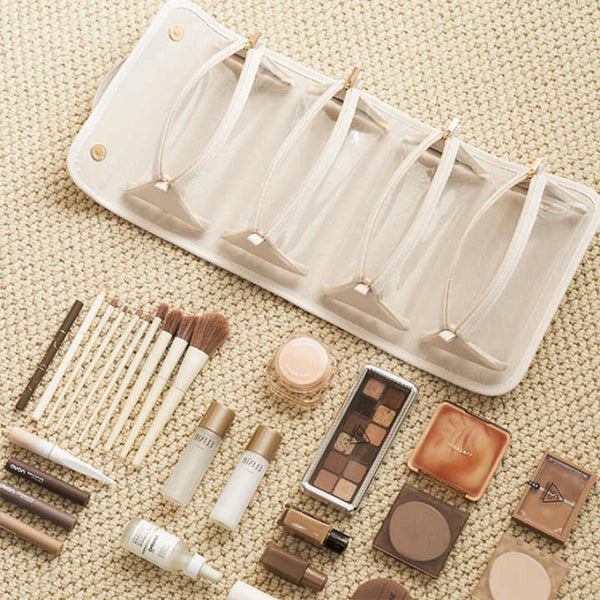 Elosung Beige Elegant Cosmetic Bag With Handle Stylish And Compact For Travel Storage Makeup Bags & Cases