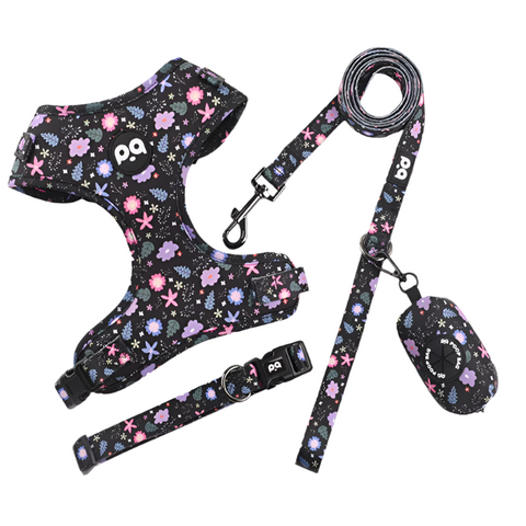 S Crushed Black Adjustable Soft Pet Harness With Leash & Poop Bag Dispenser Harnesses
