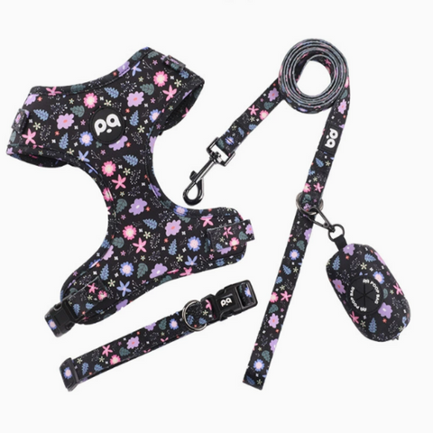 L Crushed Black Adjustable Soft Pet Harness With Leash And Bag Dispenser Harnesses