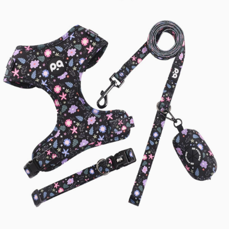 Xs Crushed Black Adjustable Soft Pet Harness With Leash And Bag Holder Harnesses
