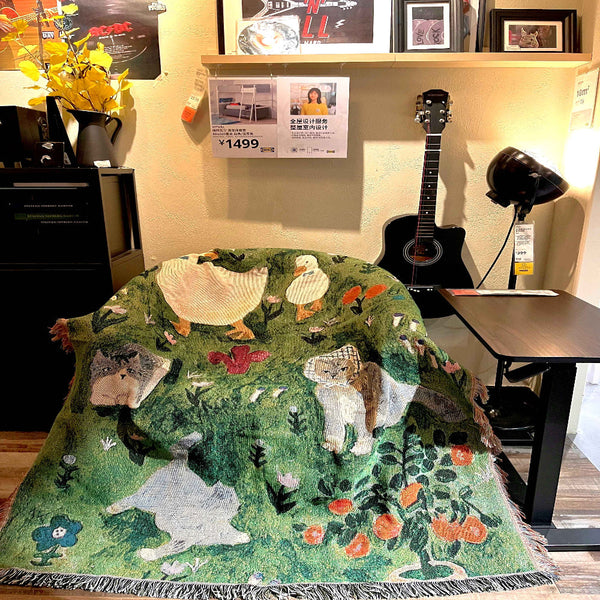 Green Floral Cat Pattern Throw Blanket Soft Cozy 130X160cm With Tassels Blankets