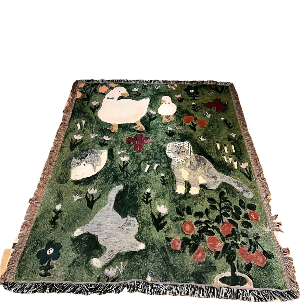 Green Floral Cat Pattern Throw Blanket Soft Cozy 130X160cm With Tassels Blankets