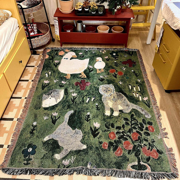 Green Floral Cat Pattern Throw Blanket Soft Cozy 130X160cm With Tassels Blankets