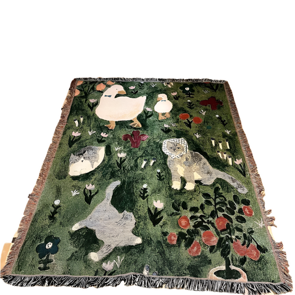 Green Floral Cat Pattern Throw Blanket Soft Cozy 130X160cm With Tassels Blankets