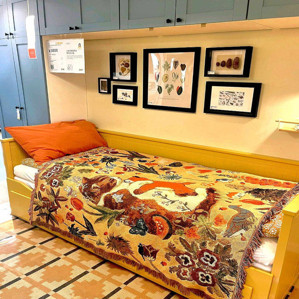 Yellow Floral Cat Patterned Throw Blanket Soft And Cozy 130X160cm With Tassels Blankets