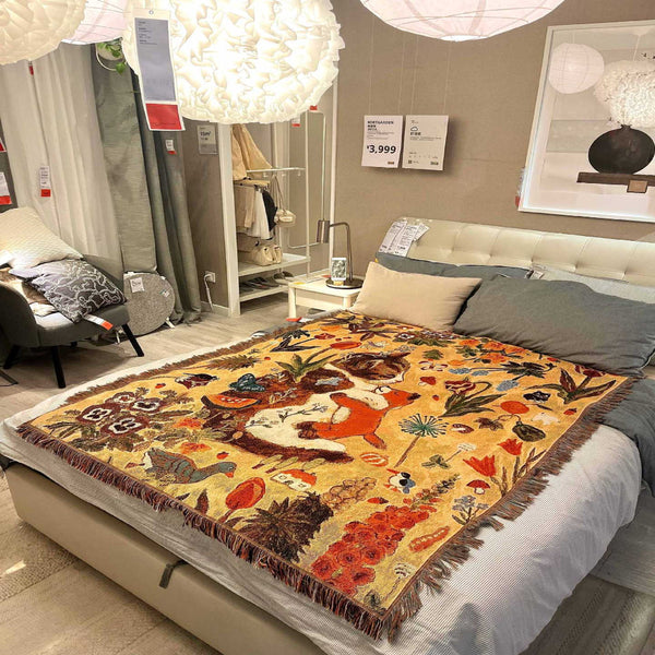 Yellow Floral Cat Patterned Throw Blanket Soft And Cozy 130X160cm With Tassels Blankets