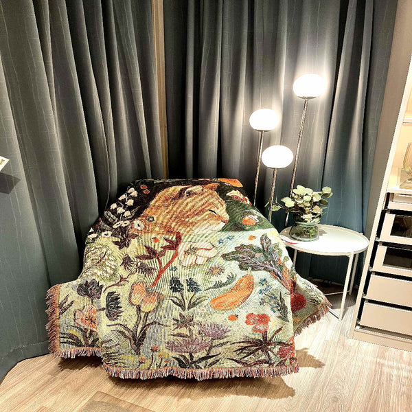 Green Oragne Cat Sleeping Floral Patterned Throw Blanket Soft And Cozy 130X160cm With Tassels Pet Beds