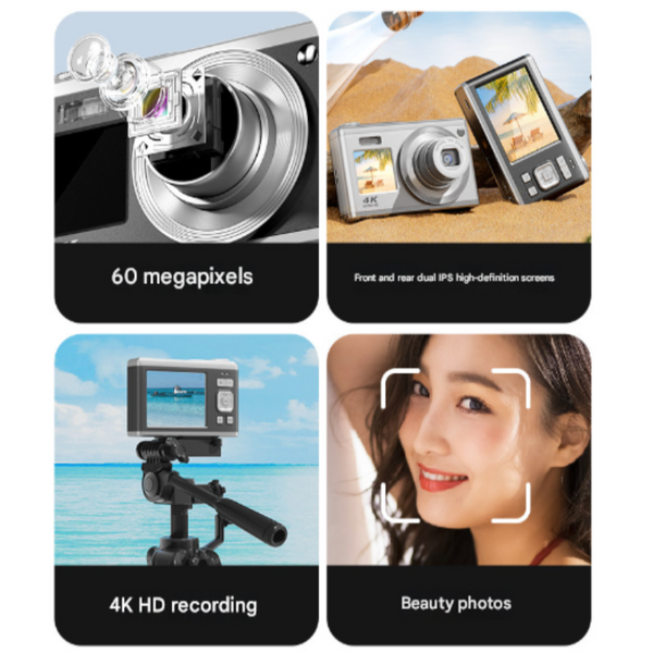 Elosung Silver 4K Ultra Hd Digital Camera With 10X Optical Zoom Compact Dual Screen Vlogging Digital Cameras