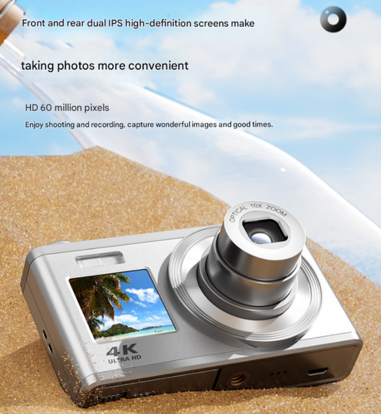Silver 4K Ultra Hd Digital Camera With 10X Optical Zoom Compact Dual Screen Vlogging Digital Cameras