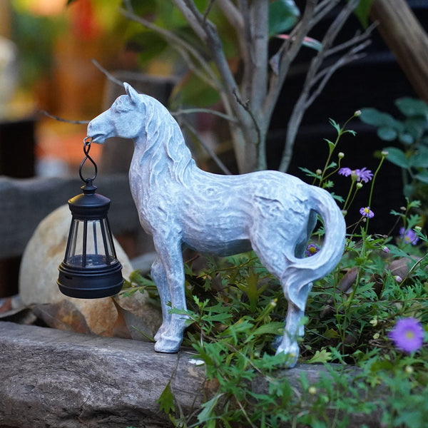 Grey Solar Powered Horse Statue With Led Lantern Rustic Outdoor Garden Ornament Ornaments & Statues