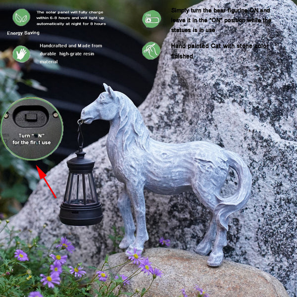 Grey Solar Powered Horse Statue With Led Lantern Rustic Outdoor Garden Ornament Ornaments & Statues
